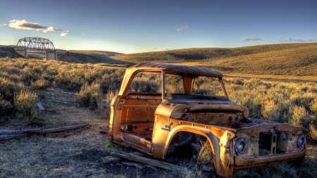 stripped pick up off the beaten path - desrt, bridge, stripped, truck