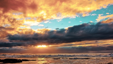 unbelievably beautiful sunset at sea - clouds, sunset, sea, colors, waves