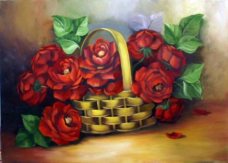 Basket of Flowers - red, flowers, basket, painting, nature