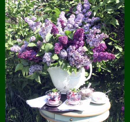 garden tea time with lilacs - lilacs, tea time, flowers, garden