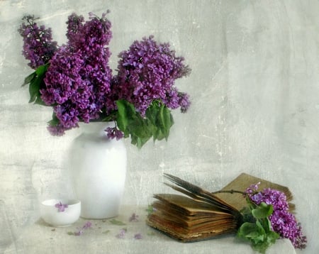 lovely still life with lilacs - flowers, book, still life, lilacs