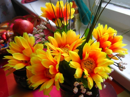 Yellow flowers - flowers, leaves, yellow, green