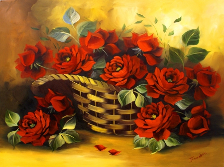 Basket of red roses - nice, beauty, fragrance, roses, delicate, bouquet, basket, still life, pretty, petals, scent, tender, lovely, red, beautiful, bunch, leaves