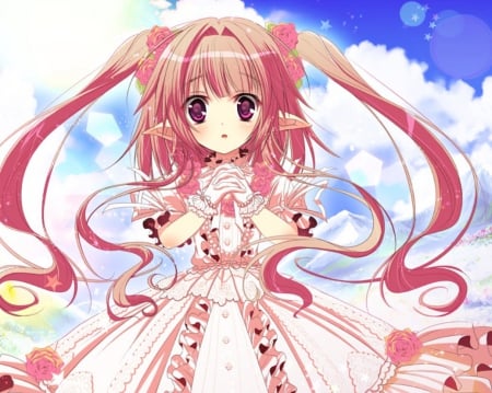 Twin Tails - pretty, anime, kawaii, female, dress, long hair, nice, pink hair, sky, gown, anime girl, twintails, girl, lovely, sweet, cloud, cute, adorable