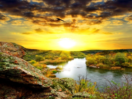 River sunrise - nice, sky, dazzling, water, stream, sunset, shine, creek, rocks, amazing, pretty, reflection, river, golden, grass, morning, rays, sunlight, day, light, moss, shore, lovely, nature, bright, glow, beautiful, stones, sunrise