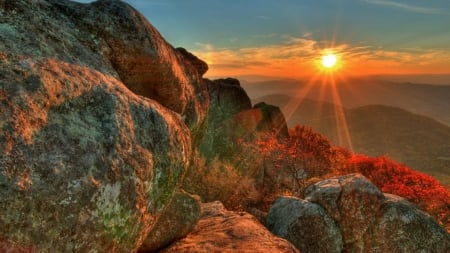 beautiful mountainscape at sunset - sunset, autumn, bushes, mountains, rocks