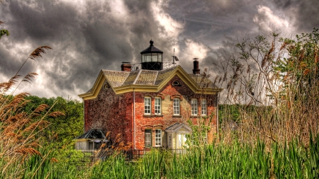 lovely red brick coastal lighthouse hdr - clouds, trees, brick, hdr, reed, lighthose