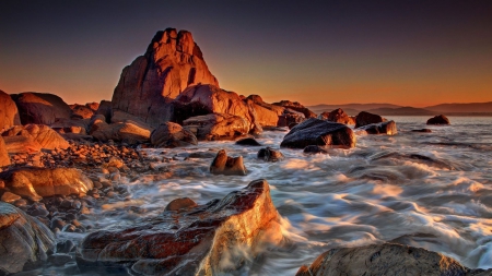 gorgeous seashore with smooth rocks at sunset - shore, sunset, smooth, sea, stones