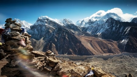 fabulous tibetan mountain range - wind, flags, plains, mountains, rocks