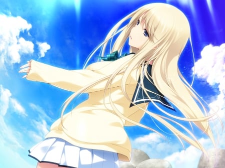 Yoshinoya Seine - sky, nail polish, blonde hair, clouds, blue eyes, uniform, seifuku, wind