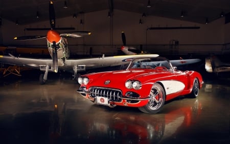 aircraft hanger and red car - aircraft, hd, car, red, airplane