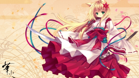 Samurai Girl - bow, blonde hair, sowrd, samurai, kimono, flowers, cute