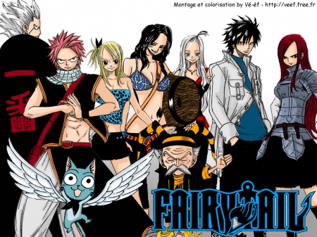 Fairy Tail - elfman, pink hair, red hair, black hair, old man, blonde hair, fairy tail, lucy, natsu, old, gray, mirihane, erza, manga, white hair, happy