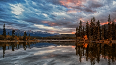 beautiful pyramid lake in jasper np canada - clouds, trees, sunset, lake, mountains, reflection, bridge