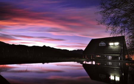 Beautiful Evening - sky, evening, shadows, clouds, pink, house, pool