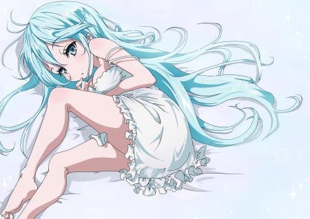 Denpa Onna - bed, blue hair, dress, cute, sleeping, Denpa Onna, blue eyes