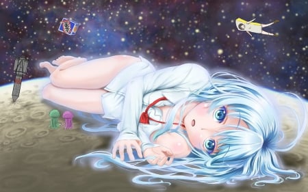 Denpa Onna - relaxing, denpa pnna, stars, shirt, unifrom, underwater, blue hair, jelly fish, cute, blue eyes