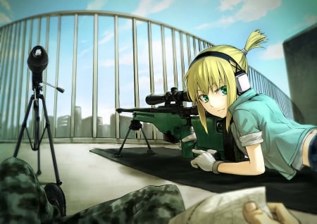 A cool Sniper - blonde hair, green eyes, cool, leying, short hair, shirt, sniper, 196 material sniper, sniper rifles