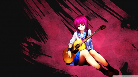 Angel Beats - sleeping, guitar, pink hair, angel beats, uniform, cute, pink background