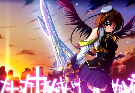 War Anime Angel - t shirts, angel, sowrd, light, blue eyes, shirt, wings, black wings, brown hair, war, clouds, skirts