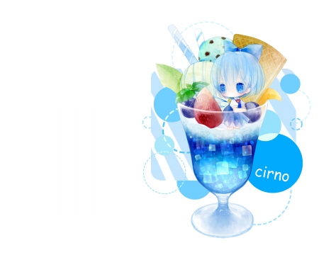 Cirno - female, wings, delicious, simple, anime girl, white, touhou, anime, food, cute, short hair, ice cream, girl, adorable, blue eyes, chibi, hungry, blue hair, kawaii, sundae, plain, wing, fairy, cirno