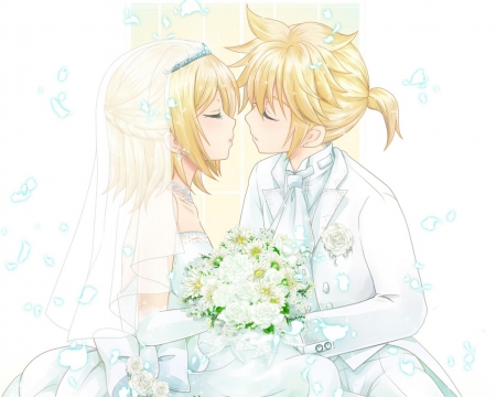 ♡ Wedding ♡ - female, romantic, romance, kagamine len, rin, blond, len, veil, gown, bride, groom, wedding, love, flower, petals, bouquet, bride nad groom, ir, white, floral, vocaloid, anime, yellow, dress, blonde, guy, wed, blond hair, boy, male, short hair, kagamine rin, anime girl, kagamine, girl, blonde hair, handsome, lover, vocaloids, couple