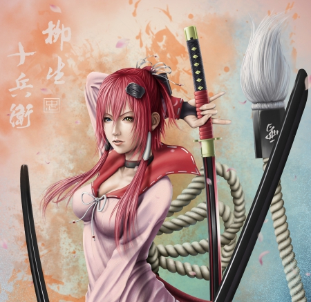 Yagyuu Juubei - realistic, redhead, female, hot, anime girl, anime, sword, cute, sexy, girl, warrior, long hair, samurai, red hair, cg, hd, 3d, weapon