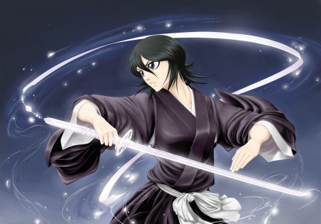 Rukia Kuchiki - soul society, female, bleach, hot, rukia, zanpakuto, anime girl, black hair, kuchiki, blade, anime, kuchiki rukia, sword, cute, short hair, sexy, rukia kuchiki, girl, soul reaper, shinigami, abstract, gotei, sode no shirayuki, weapon