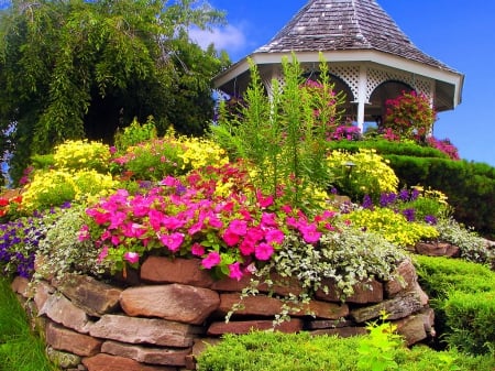 Summer gazebo - pretty, summer, bushes, grass, flowers, scent, gazebo, nice, sky, trees, beautiful, slope, fragrance, lovely, freshness, stones, colorful, nature, floral