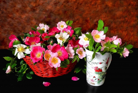 Flowers with love - nice, love, delicate, colorful, tender, basket, lovely, still life, pretty, petals, beautiful, bunch, leaves, flowers