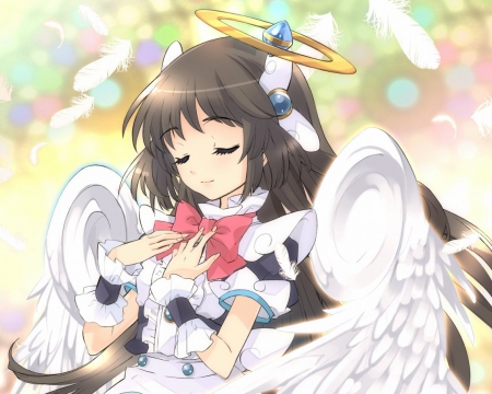 Angel - nice, female, angel, hot, wings, anime girl, brown hair, pretty, halo, feather, anime, ribbon, cute, sexy, girl, long hair, lovely, hd, abstract, wing, sweet, dress