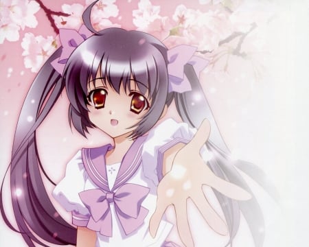 Petals - nice, female, hot, anime girl, pretty, petals, anime, ribbon, cute, sexy, adorable, girl, twintails, long hair, sweete, lovely, kawaii, floral, pink, blossom, flower