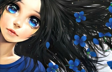 Sadness - minami haruya, sadness, tears, girl, eyes, black, cry, vocaloid, blue, anime, brunette, cute, flower, manga