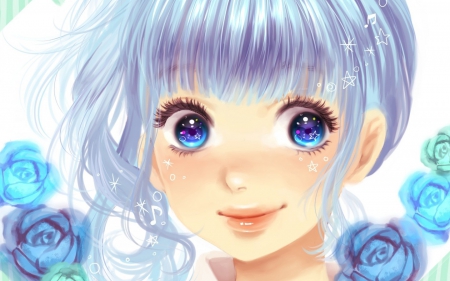 Hatsune Miku - anime, vocaloid, blue, girl, eyes, minami haruya, flower, manga, miku, rose, cute, hatsune