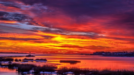 stupendous sunset on the bay - village, clouds, sunset, shore, colors, bay