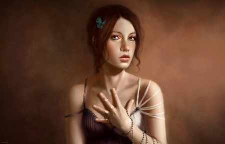 What a shame! - woman, girl, sara biddle, fantasy, what a shame, white, art, butterfly, green eyes, game, red, dress