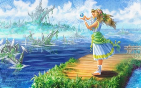 Fantasy world - game, water, yellow, blue, dress, girl, blonde, grass, child, alex-vas, fantasy, world, as, green, woman, sky