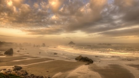 superb beach in morning fog - clouds, person, fog, beach, sea, morning, rocks