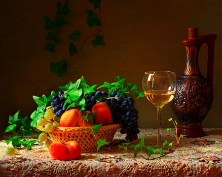 Still life - grapes, wine, table, fruits, still life, glass