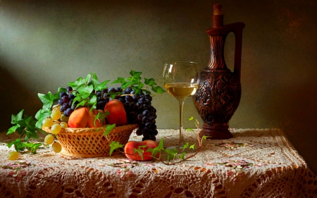 still life - glass, jar, table, fruits, still life, grapes