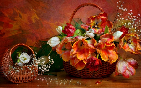 Flower basket - basket, flowers, arrangement, petals