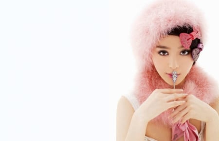 Fan Bingbing - hat, winter, girl, beauty, fan bingbing, pink, fur, white, woman, model, bow