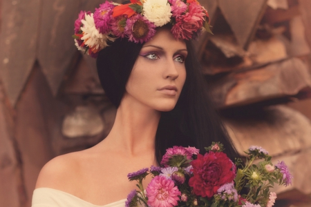 Wreath of flowers - model, flowers, brunette, woman, wreath