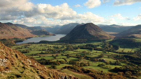 wonderful fields in the valley - lake, mountains, fields, valley