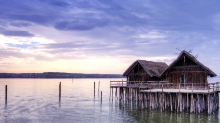 lovely stilt homes - bay, houses, clouds, stilts