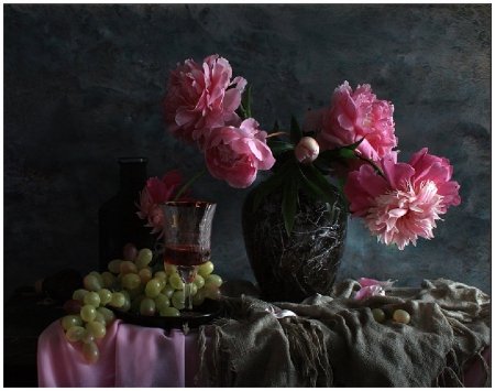 peonies, grapes and wine - flowers, grapes, wine, still life, peonies