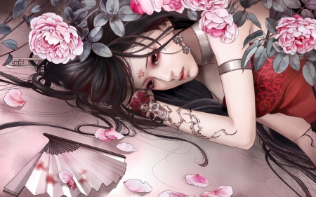 Between roses - tattoo, roses, girl, fan, long hair, skull