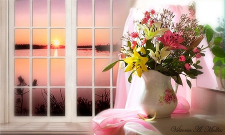 Sunset and  flowers - photography, sun, water, sunset, still life, photographer, art, yellow, window, artist, lilies, vase, abstract, pink, flowers, porcelain, sea