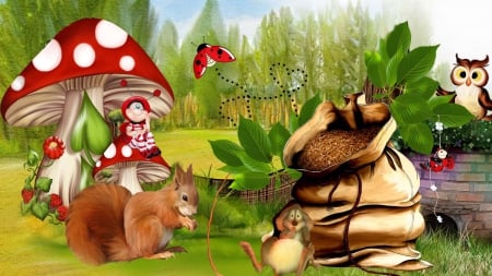 Back Yard Fun - trees, ladybug, whimsical, mouse, leaves, owl, fantasy, grain, garden, mushrooms, field, squirrel