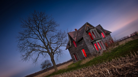 haunted house on the prairie - house, prairie, fields, dusk, haunted, tree